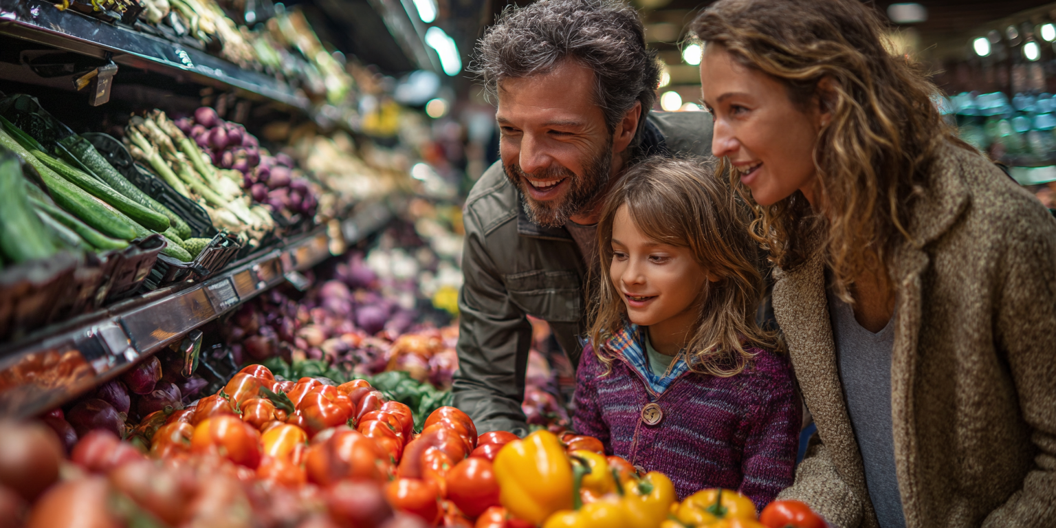 Rodina si vybírá produkty v supermarketu